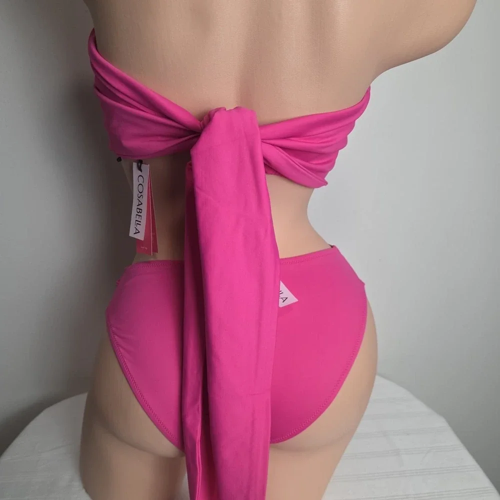 Cosabella Curvy Pink Convertible Halter Bandeau Bikini Set Ruched‎ Bottoms